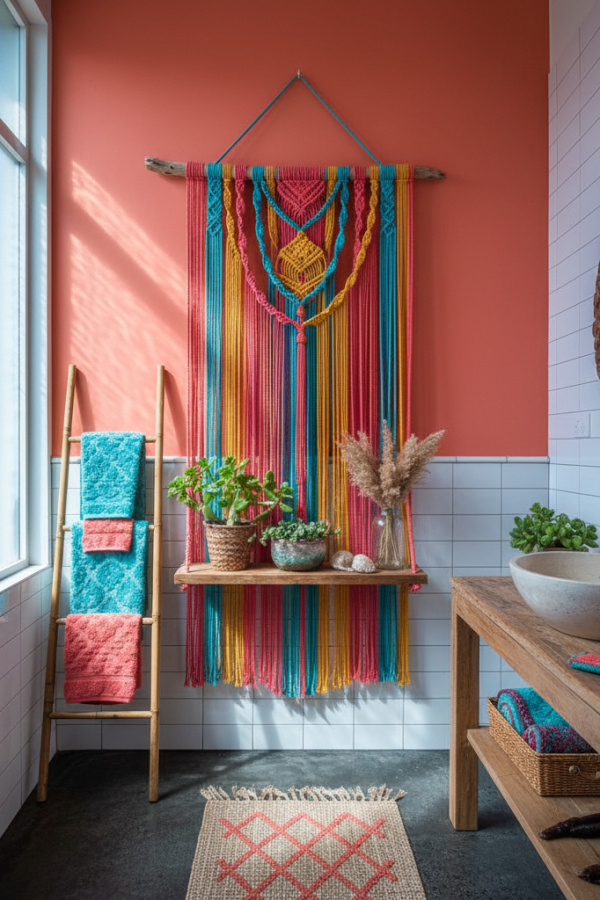 Macramé Wall Hanging With A Floating Shelf In A Vibrant Boho Bathroom