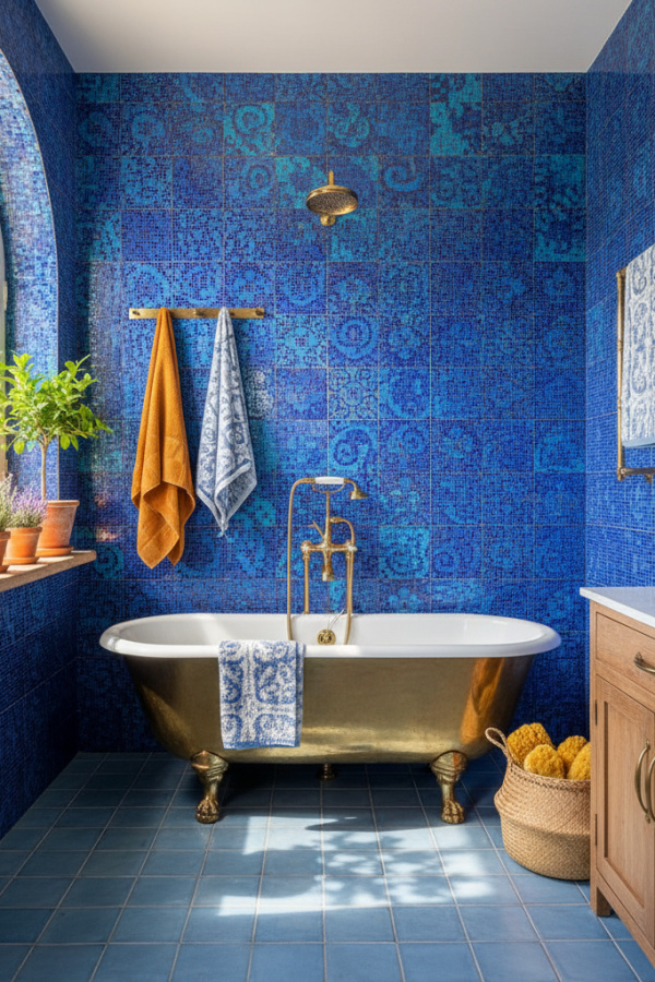 Cobalt Blue Mosaic Backsplash In A Sunlit Mediterranean Bathroom