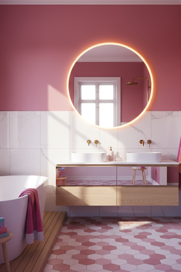 Round Frameless Mirror With LED Lighting In A Bright Scandinavian Bathroom