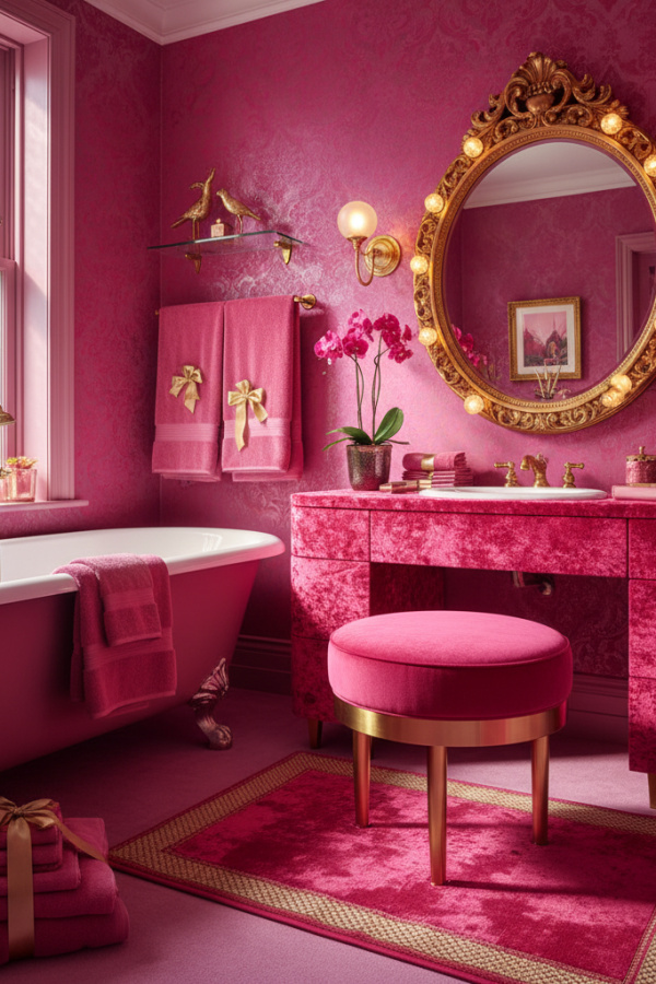 Fuchsia Pink Velvet Vanity Stool In A Vibrant Glam Bathroom