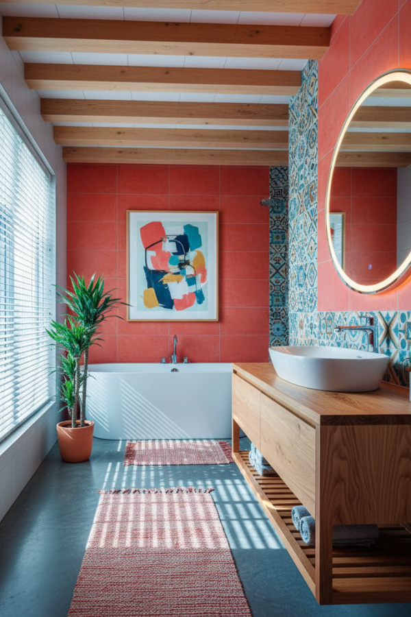 Floating Wooden Vanity With A Vessel Sink In A Bright Modern Bathroom