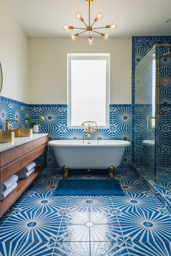Peacock Blue Geometric Floor Tiles In A Sunlit Contemporary Bathroom