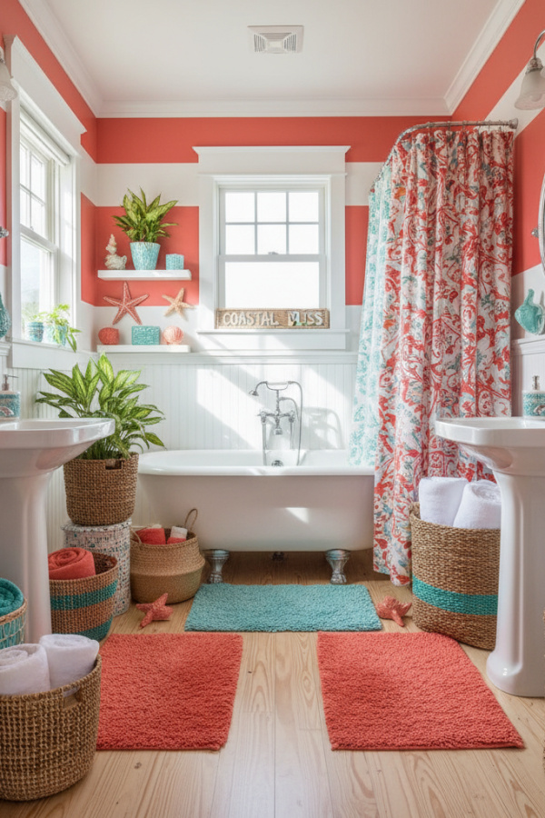 Woven Seagrass Storage Baskets In A Bright Coastal Bathroom
