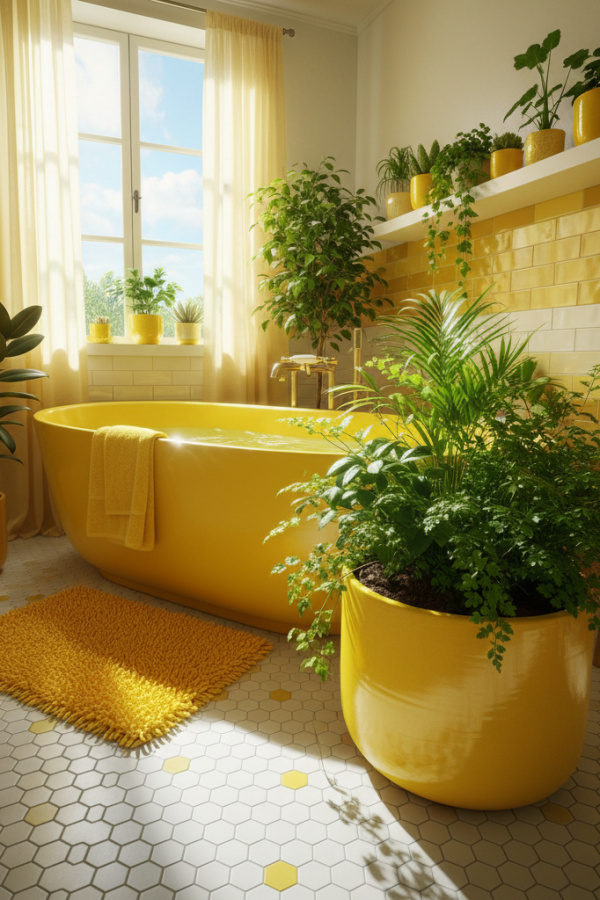 Sunshine Yellow Ceramic Planter With Greenery In A Vibrant Bathroom