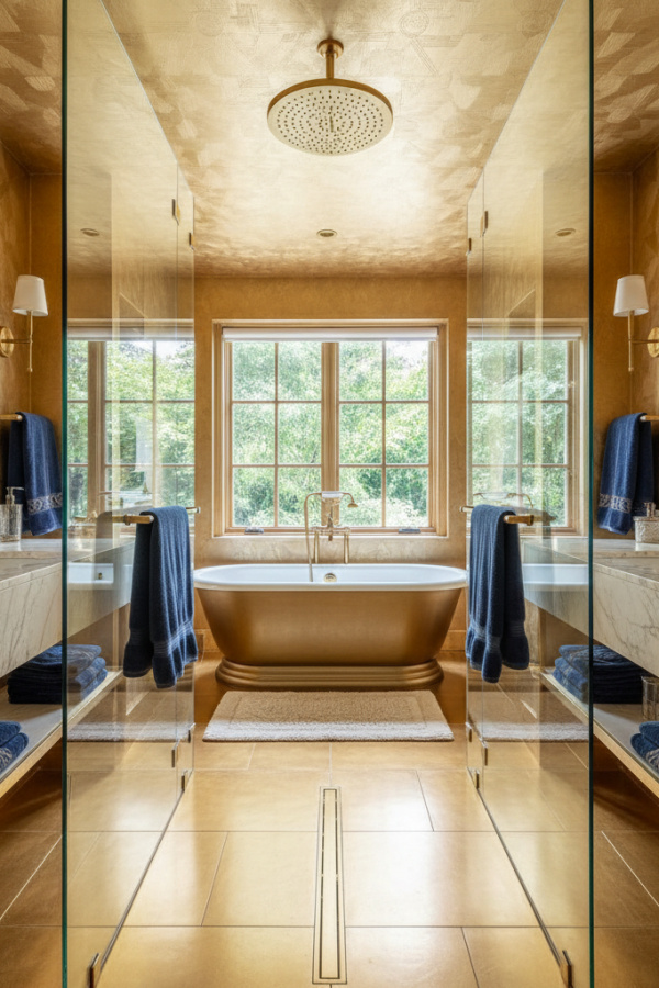 Brushed Gold Rainfall Showerhead In A Bright Luxury Bathroom