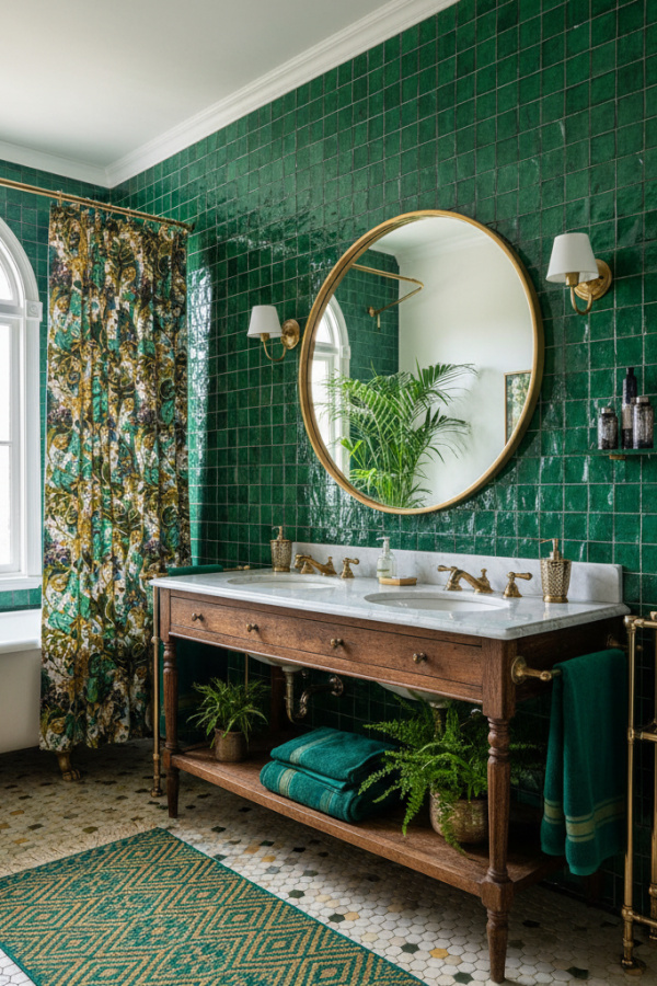 Emerald Green Zellige Tile Accent Wall In A Sunlit Eclectic Bathroom