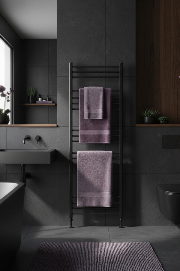 Matte Black Freestanding Towel Rack In A Minimalist Bathroom