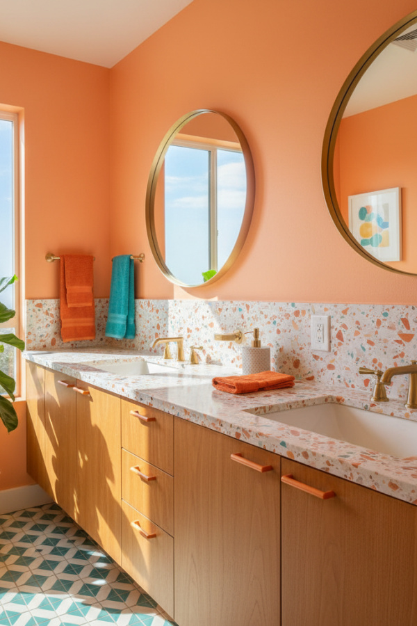 Tangerine Terrazzo Countertop In A Bright Mid-Century Bathroom