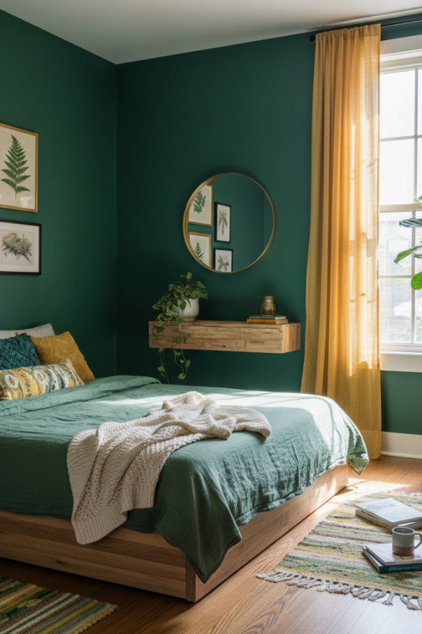 Low-Profile Bed in Corner, Forest Green Linen Upholstery, Wall-Mounted Nightstand, Vibrant Small Bedroom