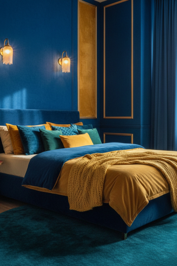 Low-Profile Bed in Corner, Navy Blue Velvet, Corner Wall Sconces, Vibrant Cozy Bedroom