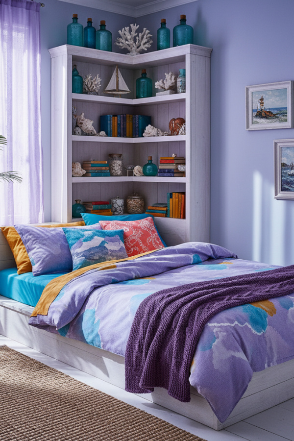 Platform Bed in Corner, Whitewashed Wood, Built-In Corner Shelf, Sunlit Small Bedroom