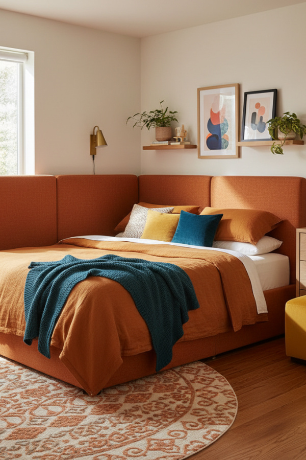 Upholstered Bed in Corner, Burnt Orange Performance Linen, Space-Saving Headboard, Bright Efficient Bedroom