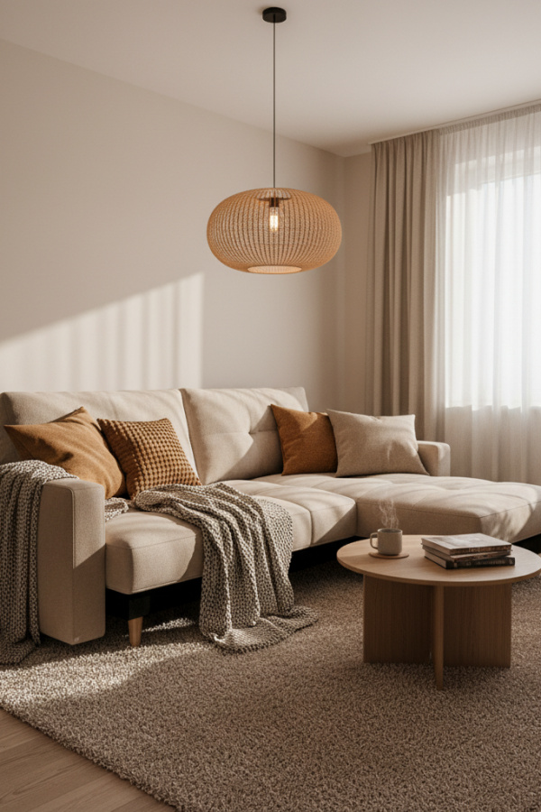 Futon Bed in Corner, Soft Beige Fabric, Convertible Sofa Design, Modern Multifunctional Room