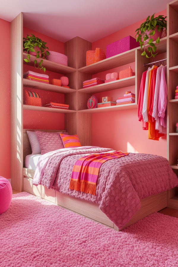 Twin Platform in Corner, Mauve Pink Boucle, Vertical Storage Solutions, Vibrant Compact Space