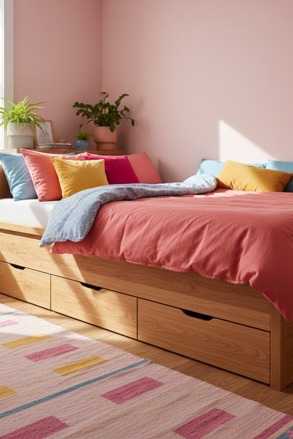 Platform Bed in Corner, Natural Oak Frame, Under-Bed Storage Drawers, Bright Compact Bedroom