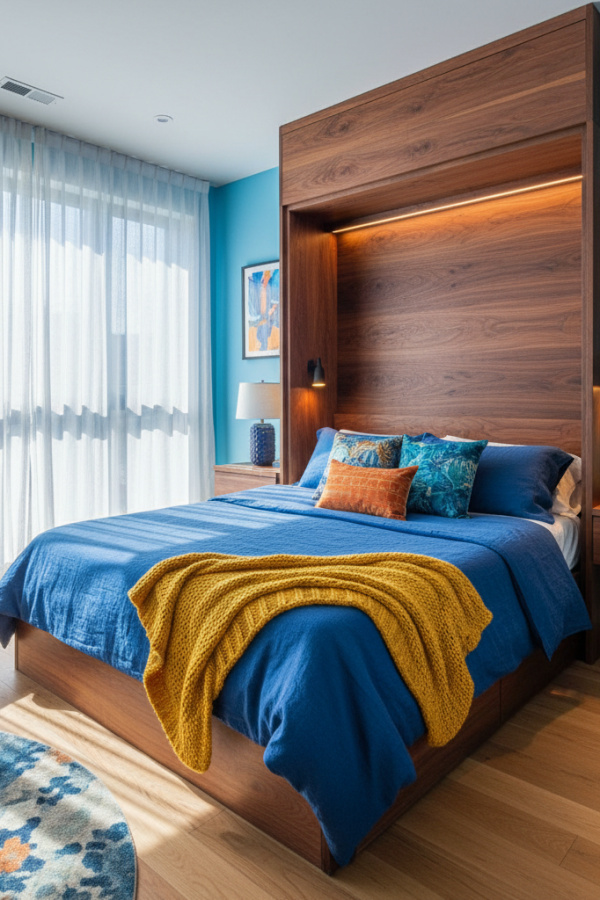 Murphy Bed in Corner, Walnut Wood Panel, Fold-Down Design, Bright Micro Bedroom