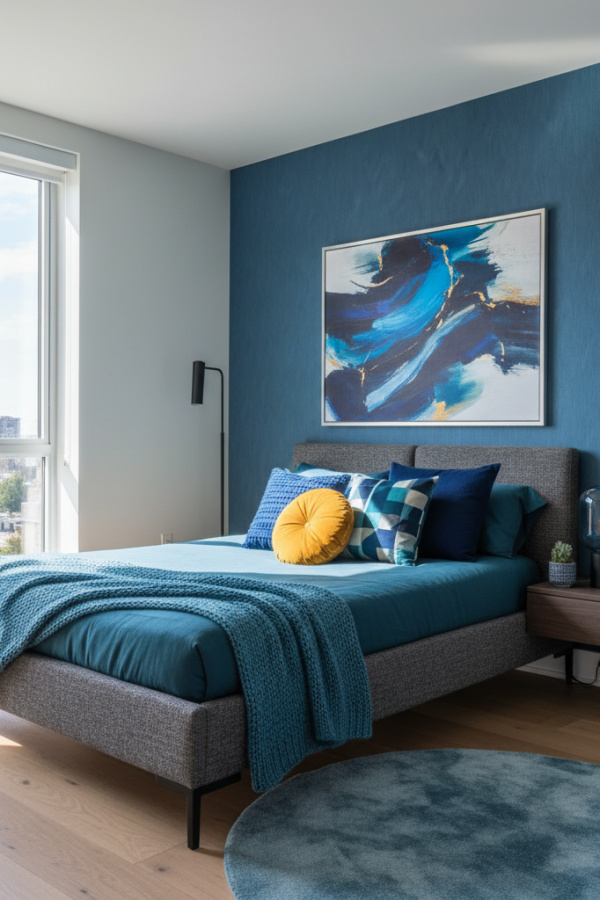 Low-Profile Bed in Corner, Charcoal Gray Textured Weave, Slim Profile Frame, Modern Small Space