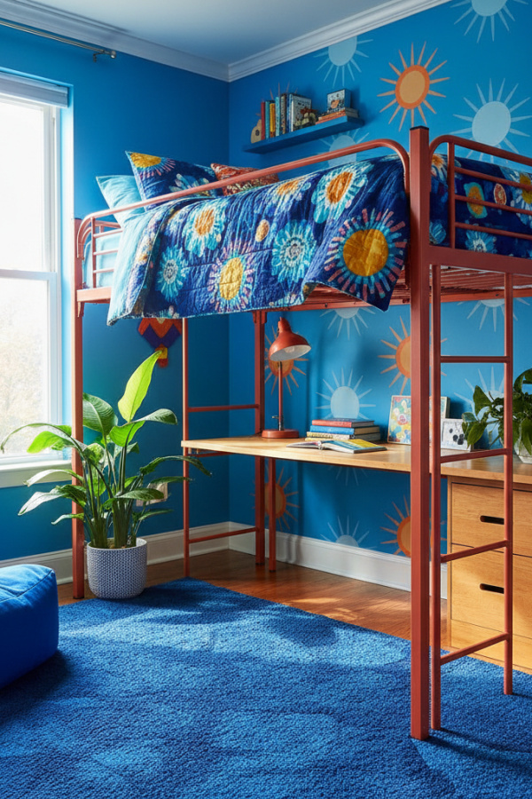Loft Bed in Corner, Terracotta Metal Frame, Desk Space Underneath, Vibrant Studio Layout