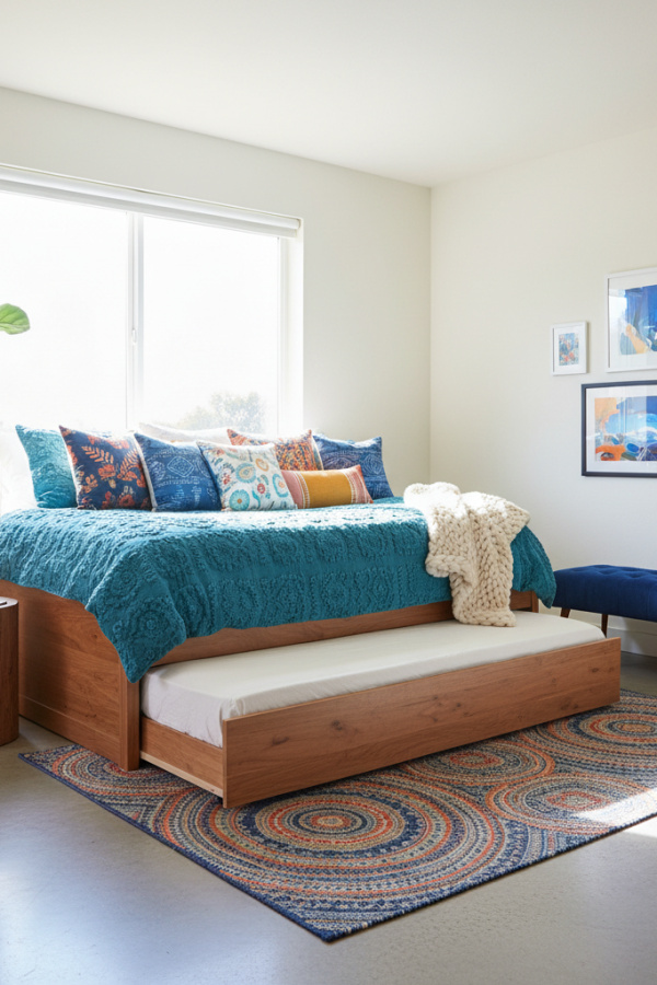 Daybed in Corner, Ash Wood Base, Pull-Out Trundle, Bright Guest Room