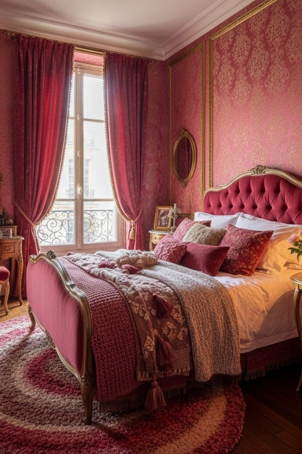 Raspberry Pink Parisian Apartment Bedroom