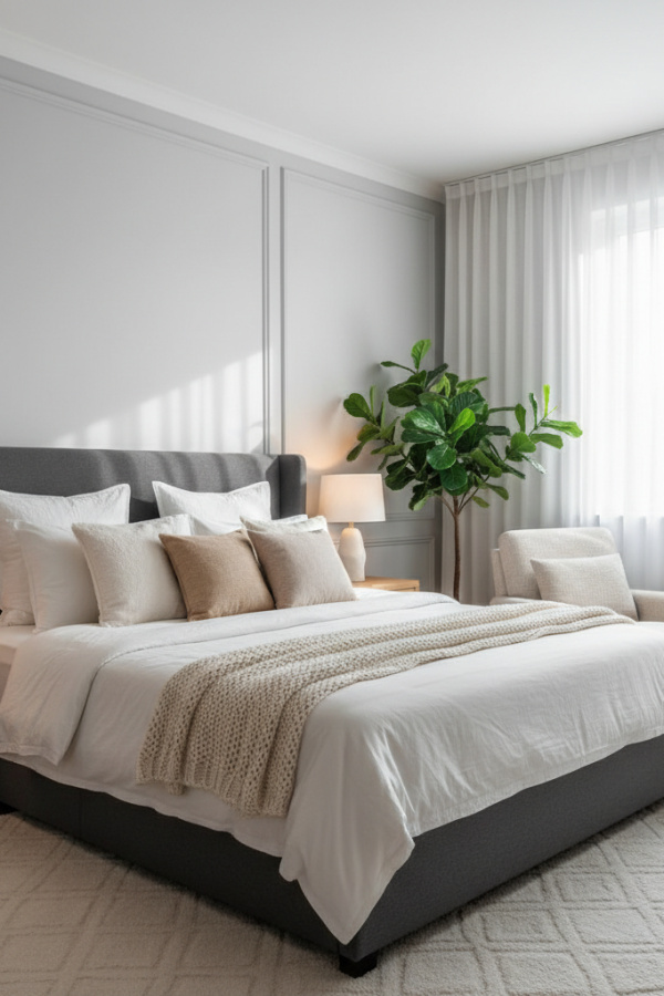 Modern Serene Bedroom, Soft Gray Walls, White Molding Modern Serene Bedroom, Soft Gray Walls, White Molding