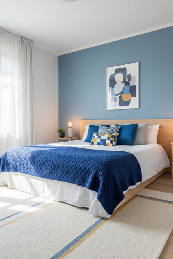 Modern Scandinavian Calm Bedroom, White Walls, dusty Blue Accent Wall Modern Scandinavian Calm Bedroom, White Walls, dusty Blue Accent Wall