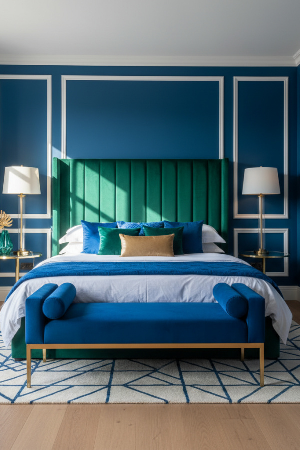 Modern Jewel-Toned Charm Bedroom, Sapphire Blue Walls, Ivory Molding Modern Jewel-Toned Charm Bedroom, Sapphire Blue Walls, Ivory Molding