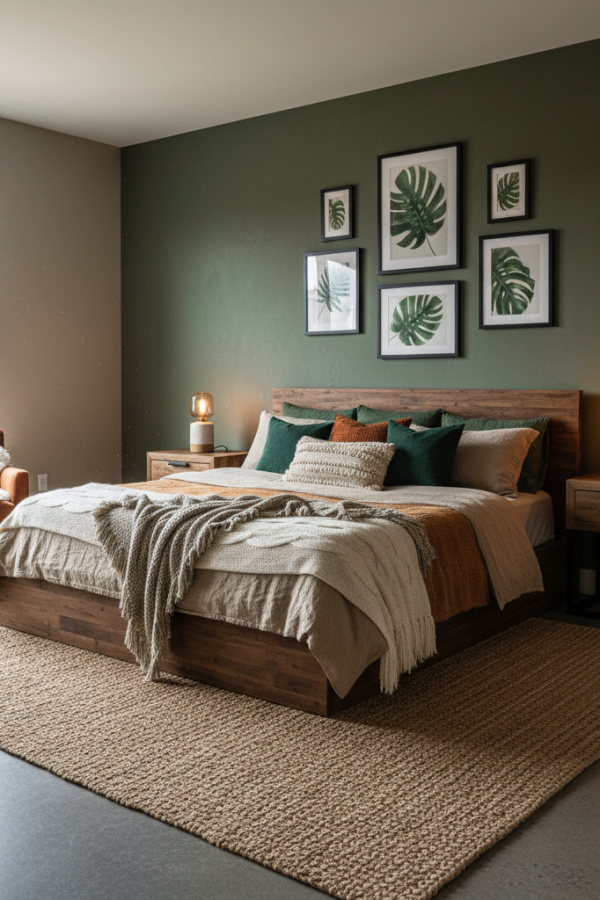 Modern Rustic Bedroom, Taupe Walls, Olive Green Accent Wall Modern Rustic Bedroom, Taupe Walls, Olive Green Accent Wall