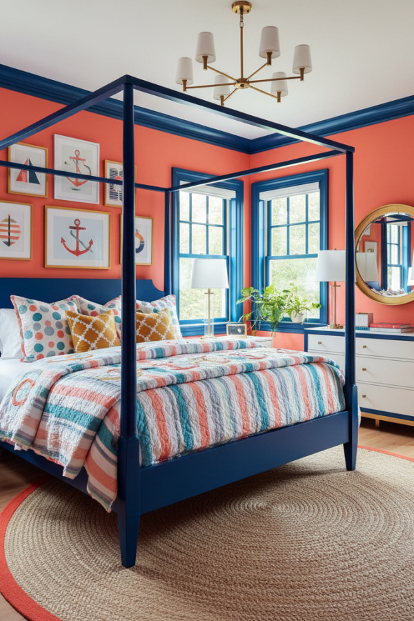 Modern Playful Prep Bedroom, Coral Walls, Navy Blue Molding Modern Playful Prep Bedroom, Coral Walls, Navy Blue Molding