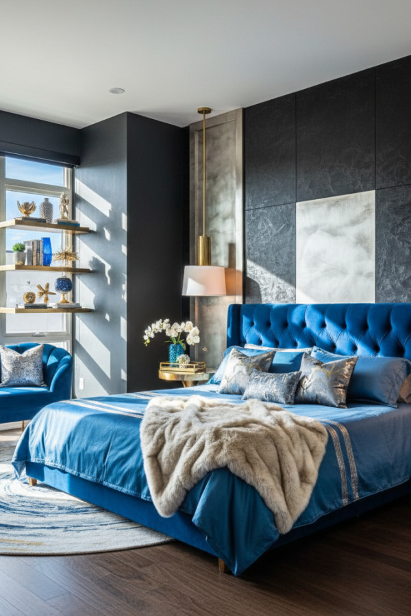 Modern Glamorous Retreat Bedroom, Black Walls, Metallic Silver Accent Wall Modern Glamorous Retreat Bedroom, Black Walls, Metallic Silver Accent Wall