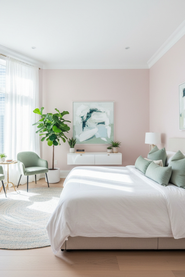Modern Airy Bedroom, Light Pink Walls, White Molding Modern Airy Bedroom, Light Pink Walls, White Molding