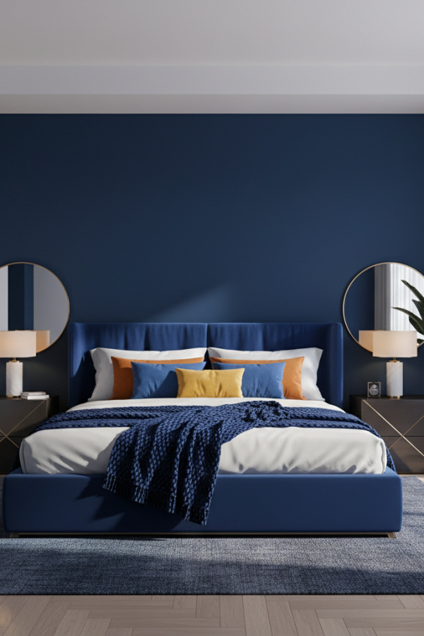 Modern Bold Minimalist Bedroom, Midnight Blue Walls, Light Gray Ceiling Modern Bold Minimalist Bedroom, Midnight Blue Walls, Light Gray Ceiling
