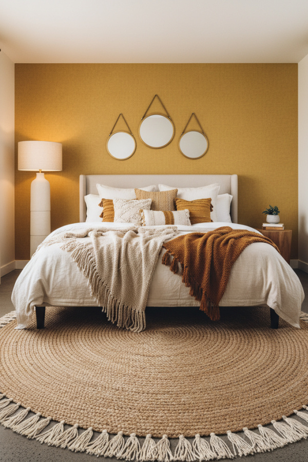 Modern Soft Boho Bedroom, Cream Walls, Mustard Yellow Accent Wall Modern Soft Boho Bedroom, Cream Walls, Mustard Yellow Accent Wall