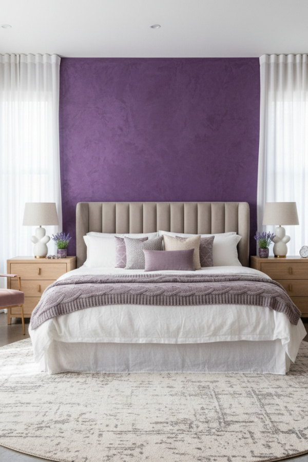 Modern Chic Tranquil Bedroom, Greige Walls, Lavender Accent Wall Modern Chic Tranquil Bedroom, Greige Walls, Lavender Accent Wall