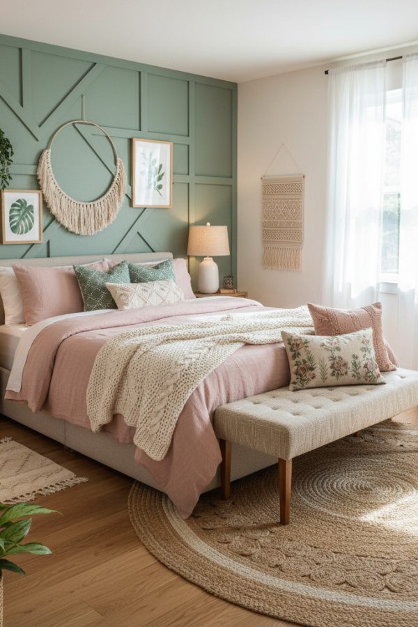 Modern Boho Chic Bedroom, Blush Pink Walls, Sage Green Accent Wall Modern Boho Chic Bedroom, Blush Pink Walls, Sage Green Accent Wall