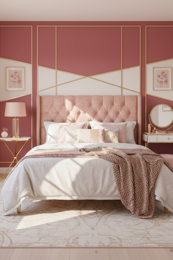 Modern Feminine Bliss Bedroom, Rose Pink Walls, Ivory Accent Wall Modern Feminine Bliss Bedroom, Rose Pink Walls, Ivory Accent Wall