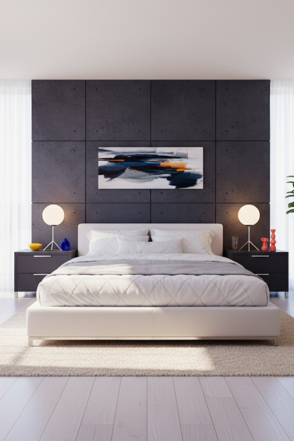 Modern Minimalist Elegance Bedroom, Ivory Walls, Charcoal Gray Accent Wall Modern Minimalist Elegance Bedroom, Ivory Walls, Charcoal Gray Accent Wall