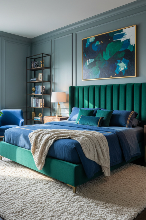 Modern Urban Sophisticate Bedroom, Deep Teal Walls, Light Gray Molding Modern Urban Sophisticate Bedroom, Deep Teal Walls, Light Gray Molding