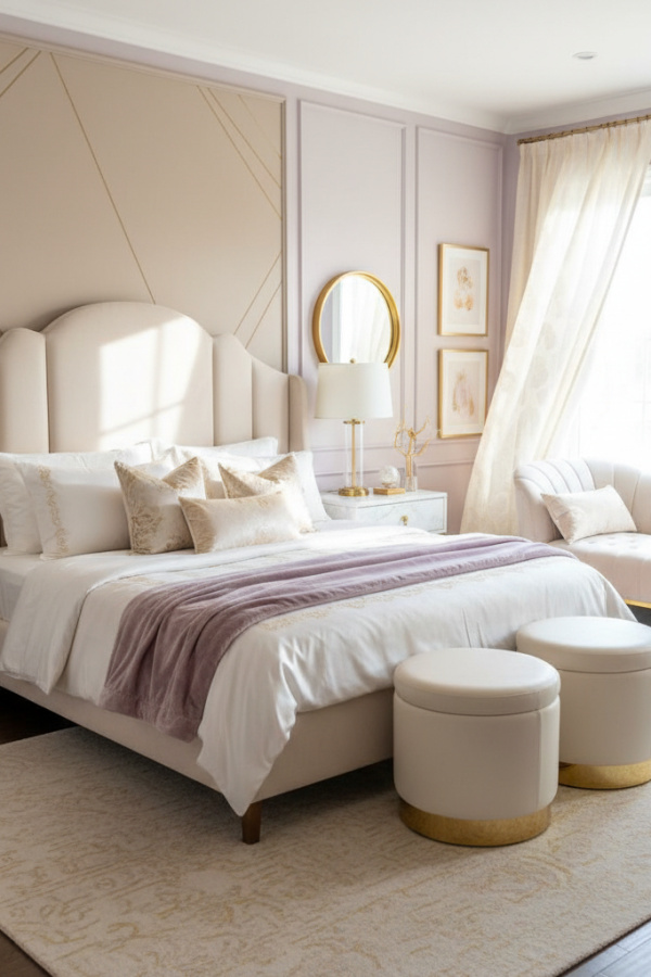 Modern Feminine Luxe Bedroom, Lilac Walls, Cream Accent Wall Modern Feminine Luxe Bedroom, Lilac Walls, Cream Accent Wall