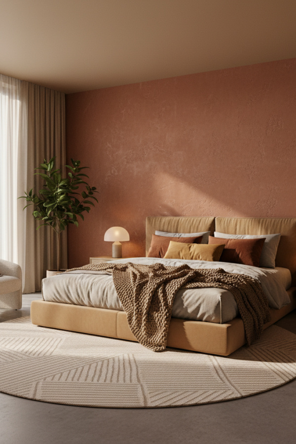 Modern Contemporary Cozy Bedroom, Warm Beige Walls, Terracotta Accent Wall Modern Contemporary Cozy Bedroom, Warm Beige Walls, Terracotta Accent Wall