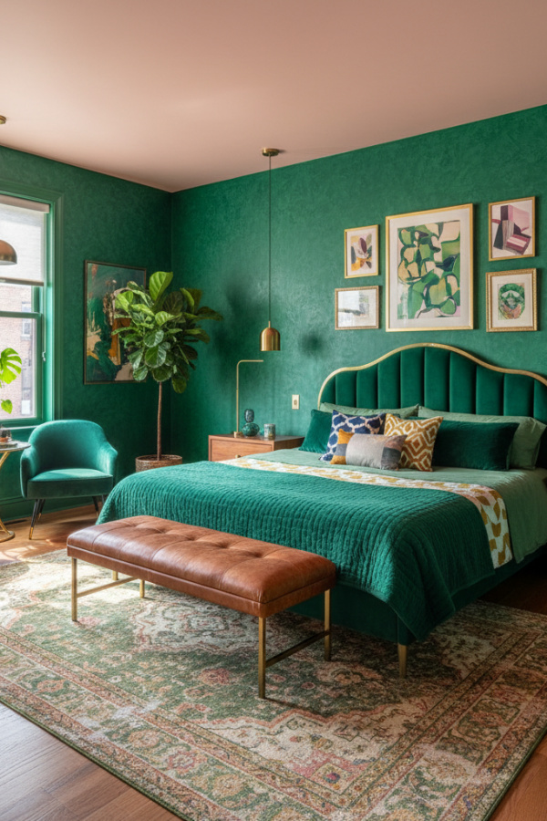 Modern Eclectic Bold Bedroom, Emerald Green Walls, Blush Pink Ceiling Modern Eclectic Bold Bedroom, Emerald Green Walls, Blush Pink Ceiling