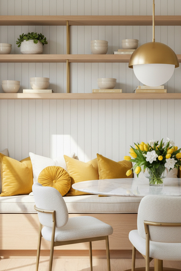 Dining Room Mustard Yellow Throw Pillows On Built-In Bench Seating