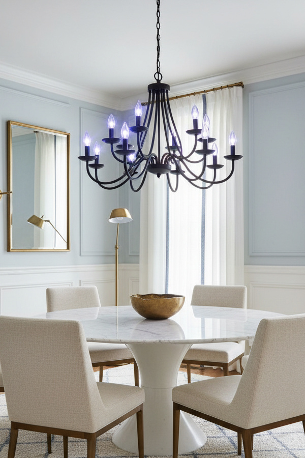 Dining Room Black Wrought Iron Chandelier With Candle Style Bulbs