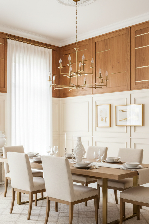 Dining Room Ivory White Wainscoting With Warm Wood Upper Walls