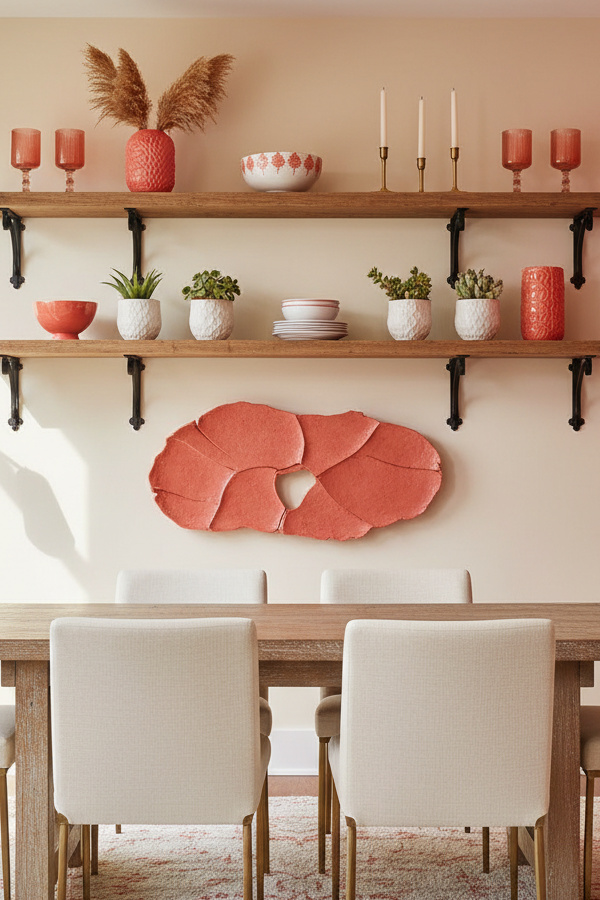 Dining Room Reclaimed Wood Floating Shelves With Ironwork Brackets