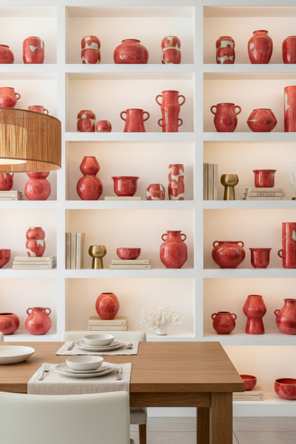 Dining Room Coral Pink Ceramic Vase Collection On Open Shelving