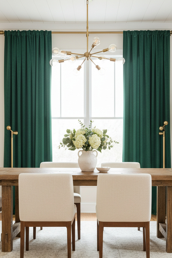 Dining Room Emerald Green Velvet Curtains Framing Farmhouse Windows