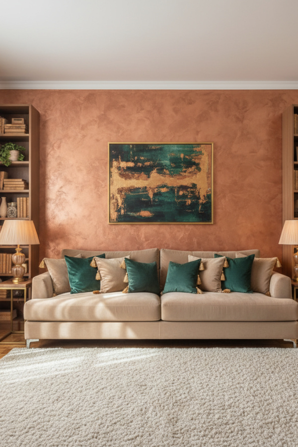 Living Room Accent Wall, Copper Metallic Paint, Beige Sofa, Velvet Pillows, Bright Luxe Space