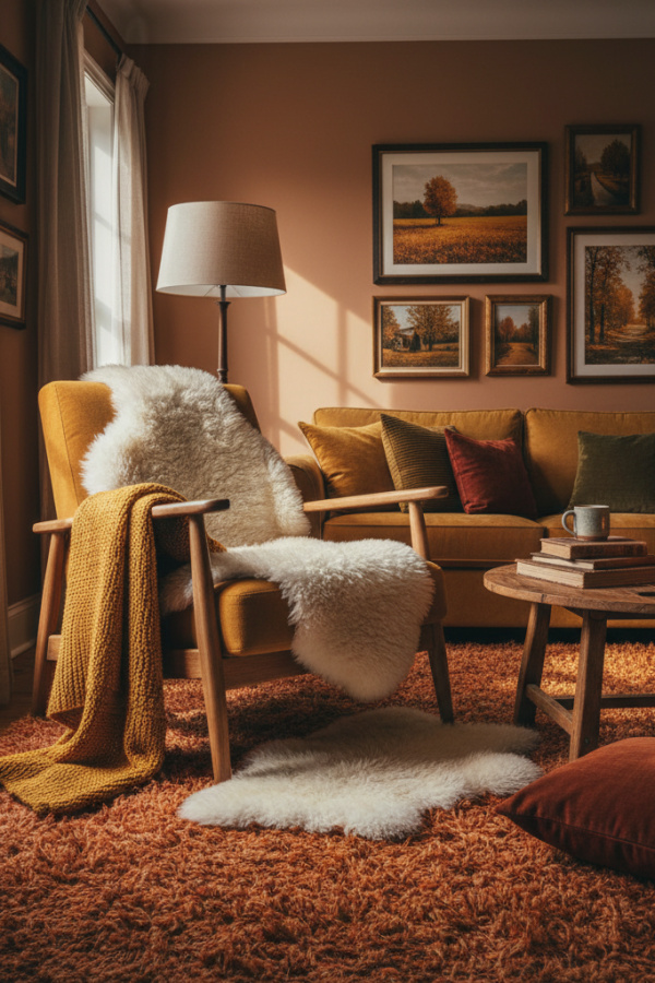 Living Room Armchair, Amber Yellow Fabric, Natural Wood Frame, Sheepskin Rug, Sunlit Hygge Space