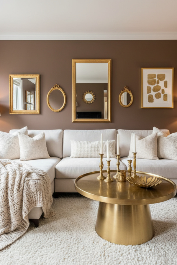 Living Room Walls, Chocolate Brown Paint, Cream Sectional, Cable Knit Throw, Vibrant Rich Space